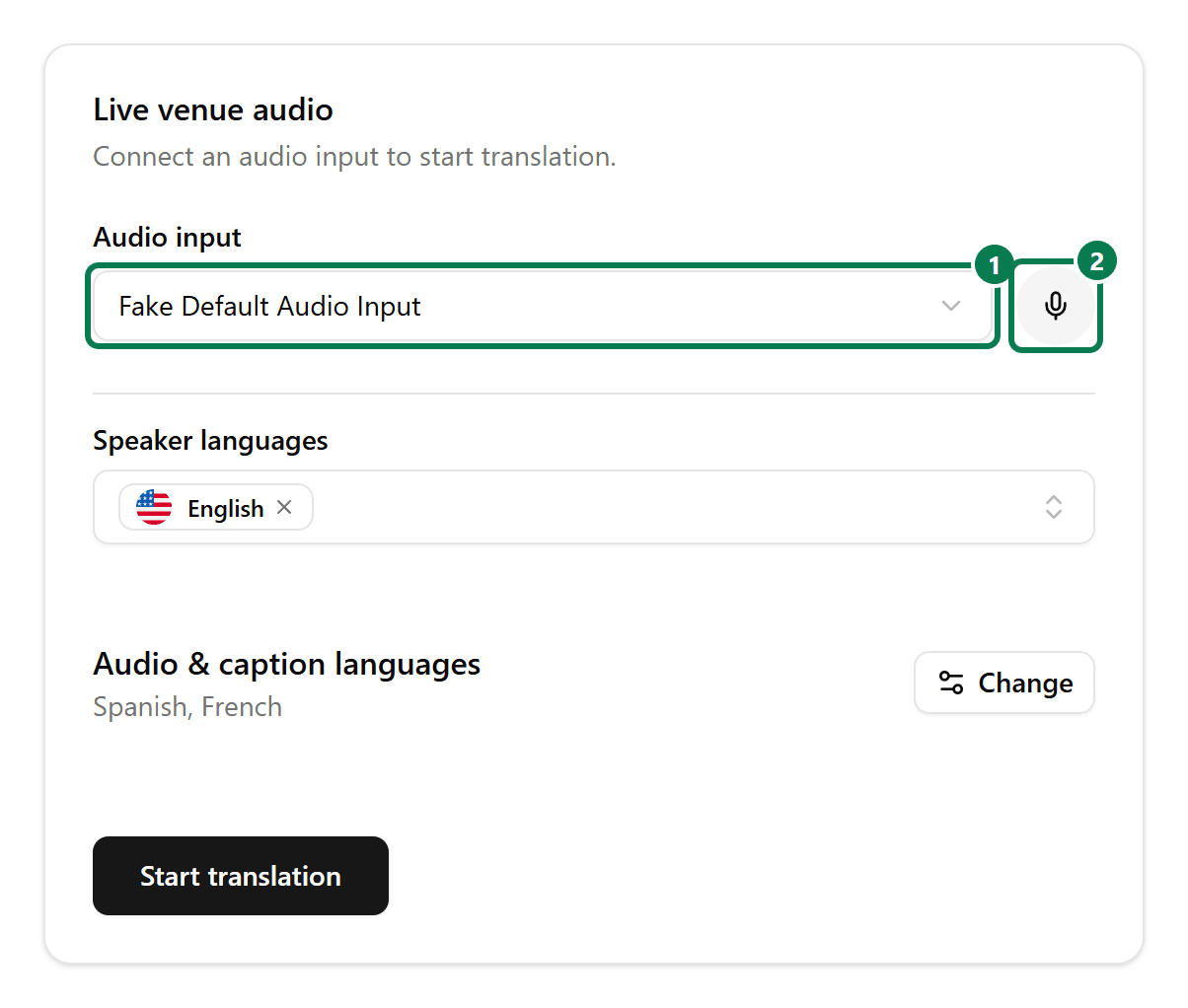 Close-up of Live venue audio with the audio input selector highlighted as 1 and the input level indicator as 2.