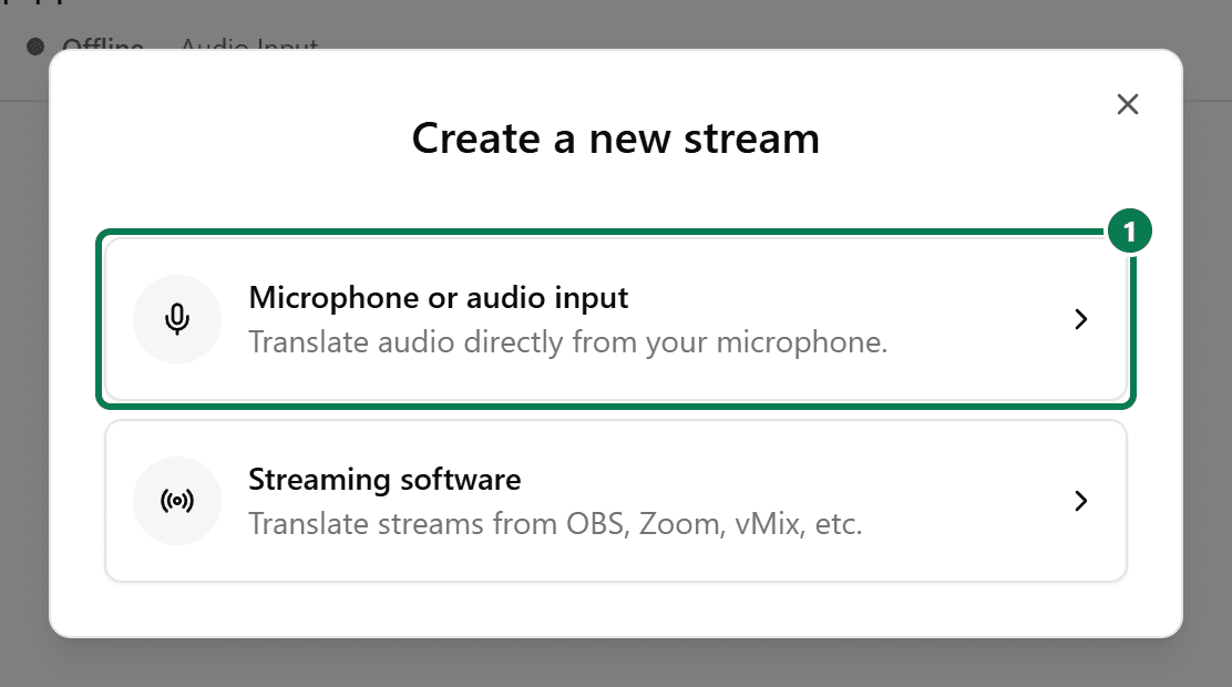 Close-up of the Create a new stream dialog with Microphone or audio input highlighted as control 1.