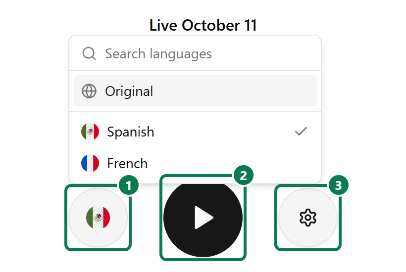 Compact public viewer screenshot with the language picker highlighted as 1, Play as 2, and Viewer preferences as 3.