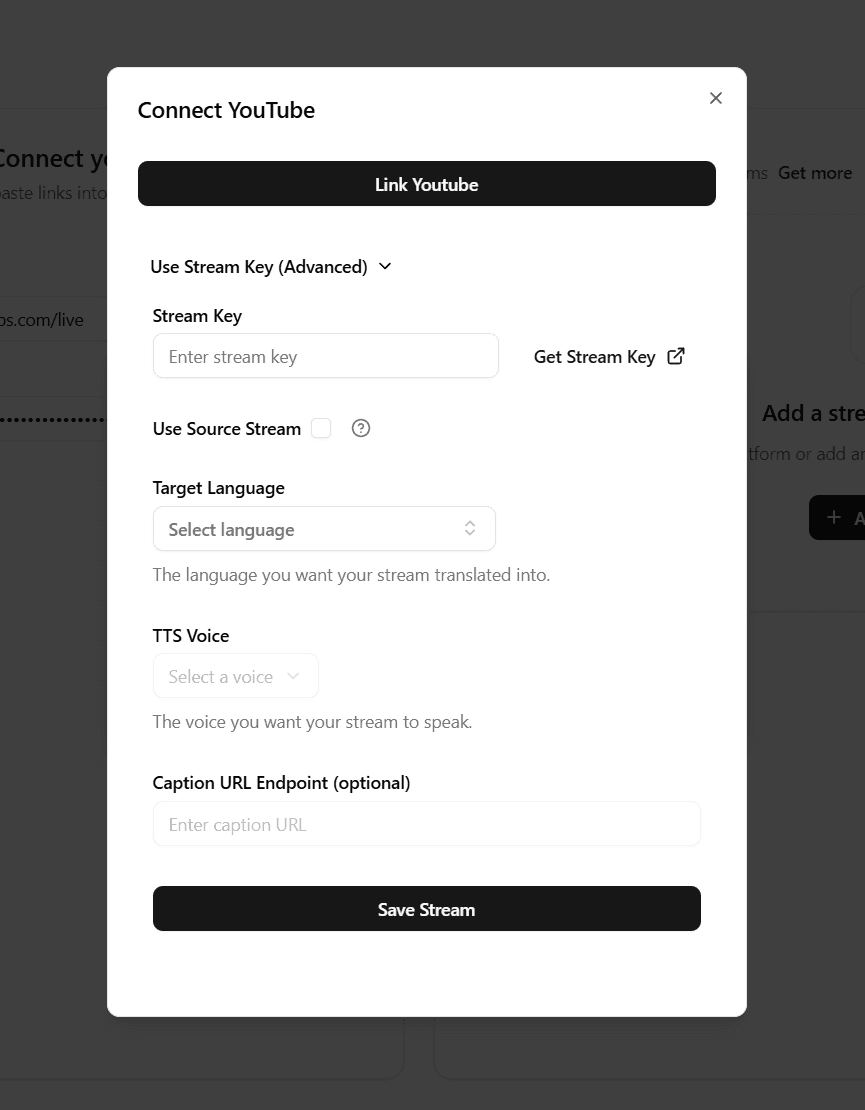 Page with connect youtube modal